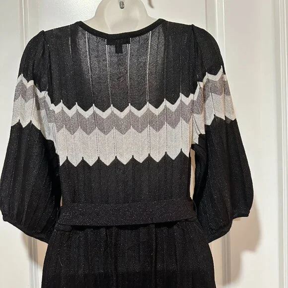 New Bebe Black/Grey/Silver Metallic Thread w/¾ Sleeves Midi Dress, Size L (NWOT) - Picture 12 of 12